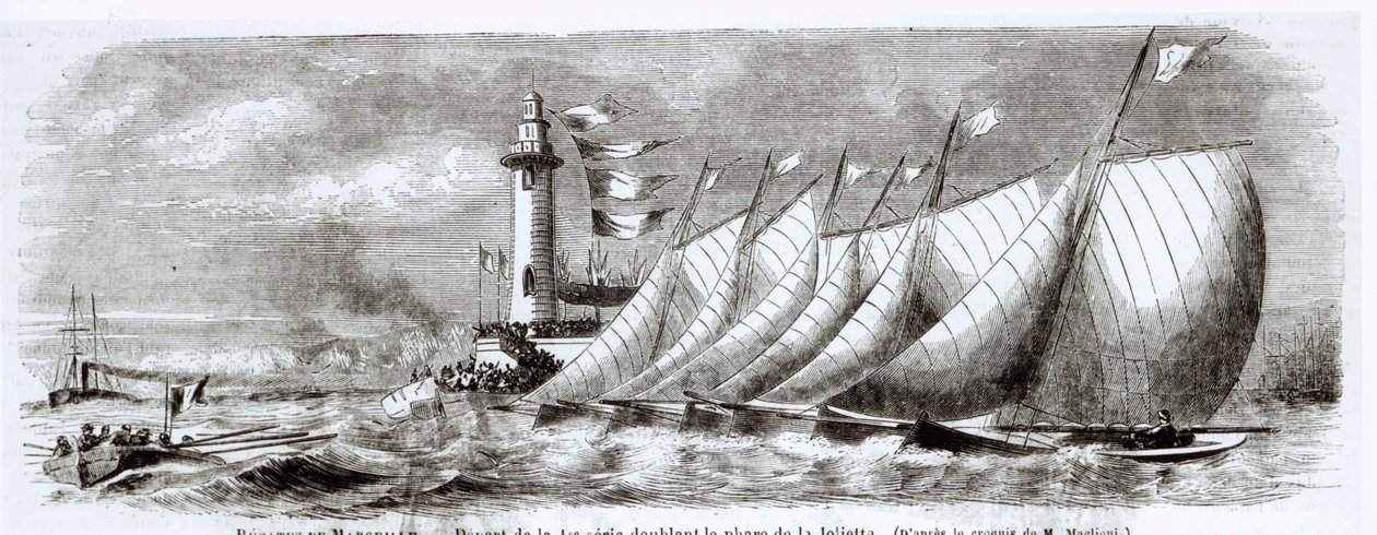 Yacht che girano intorno al Faro di Joliette durante la Regata del 1864 a Marsiglia, da Le Monde Illustré, 17 settembre 1864 da French School