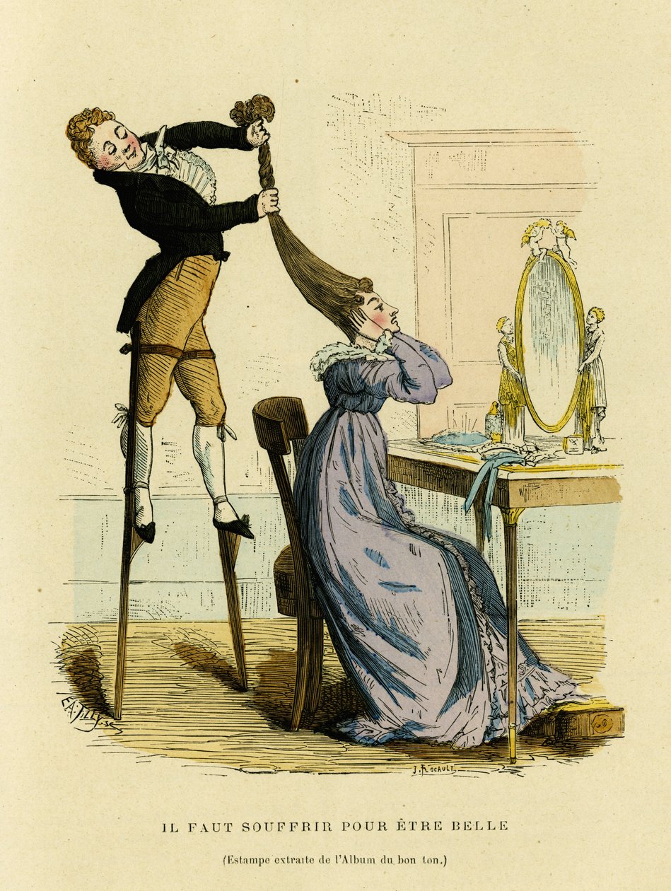 Bisogna soffrire per essere belli, disegno satirico in cui un parrucchiere sale su uno sgabello per preparare l
