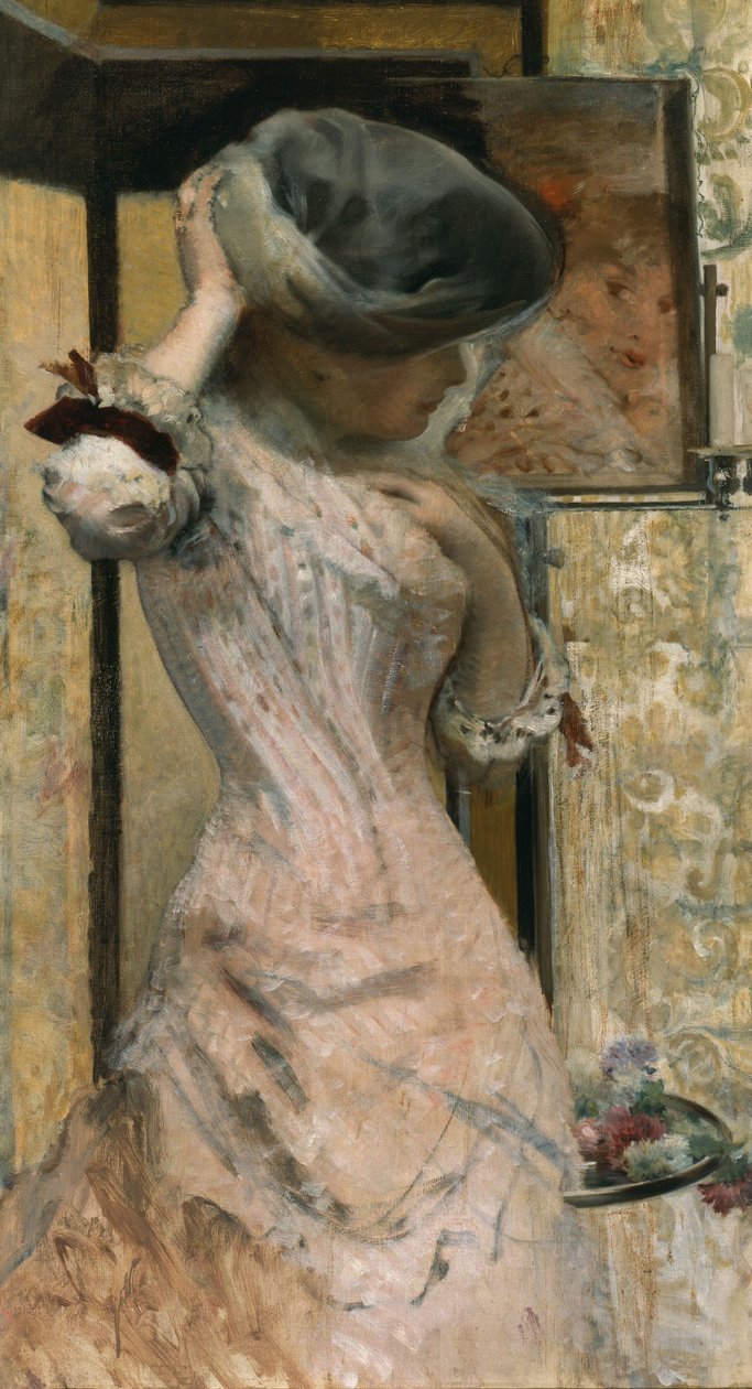 Giovane donna davanti allo specchio, 1879-83 circa (olio su tela) da French School