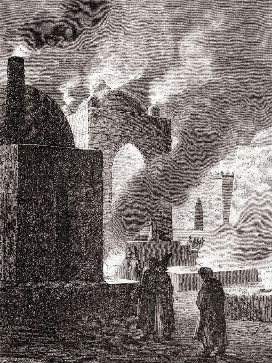 Adoratori del fuoco zoroastriani in un Tempio del Fuoco a Baku, Azerbaigian, da 
