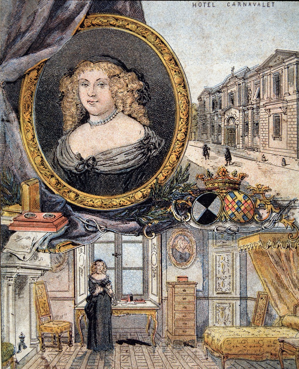 Ritratto di Marie de Rabutin-Chantal (Rabutin Chantal), Marchesa di Sevigne conosciuta come Madame de Sevigne (1626-1696) e la sua residenza Hotel Carnavalet da French School