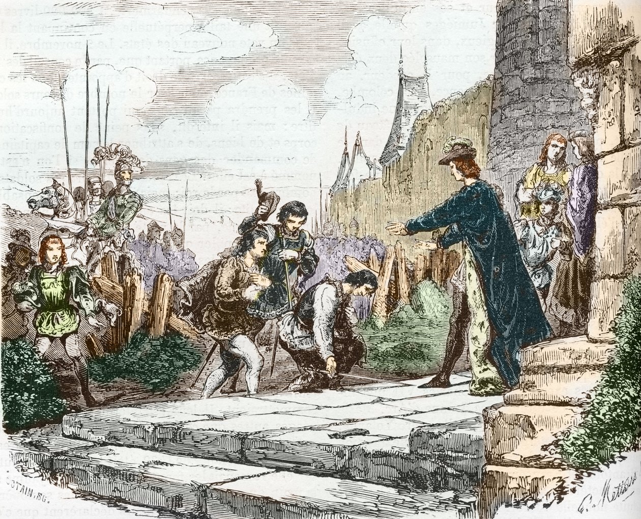 Il delfino Luigi (poi Luigi XI), il duca Giovanni II di Alençon e il duca Carlo I di Borbone chiedono perdono al re Carlo VII da French School