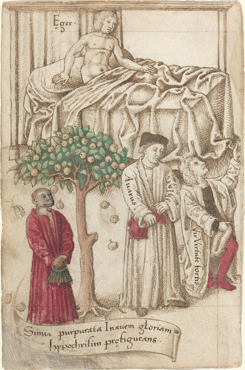 Una scimmia in viola con un uomo malato, un uomo buono e un avaro (fol. 36 verso) da French early 16th Century