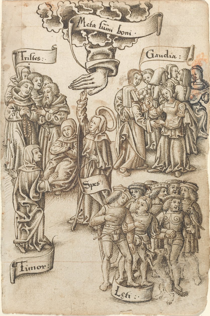 Speranza, raggiungendo il cielo, sta tra uomini tristi e felici, gioie e paure da French early 16th Century