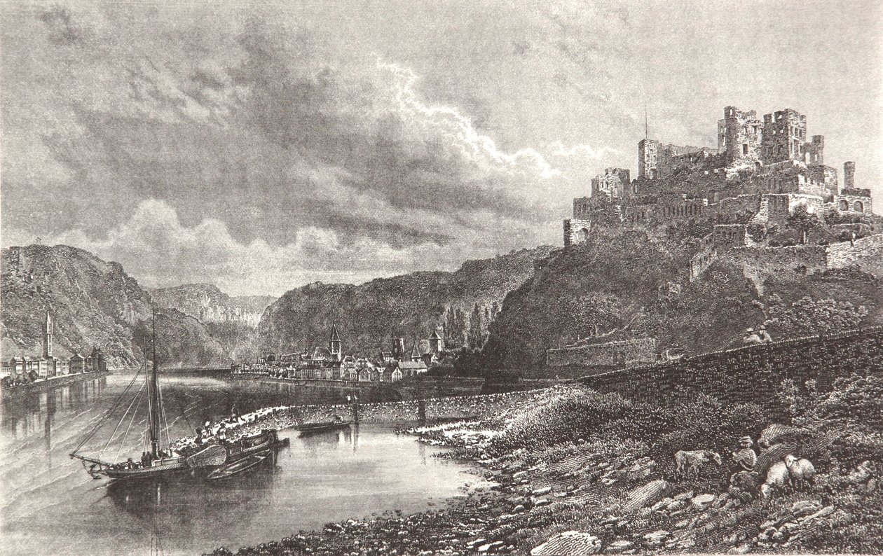 Sankt Goar, incisione in acciaio da un album del Reno da Pierre Joseph Redouté