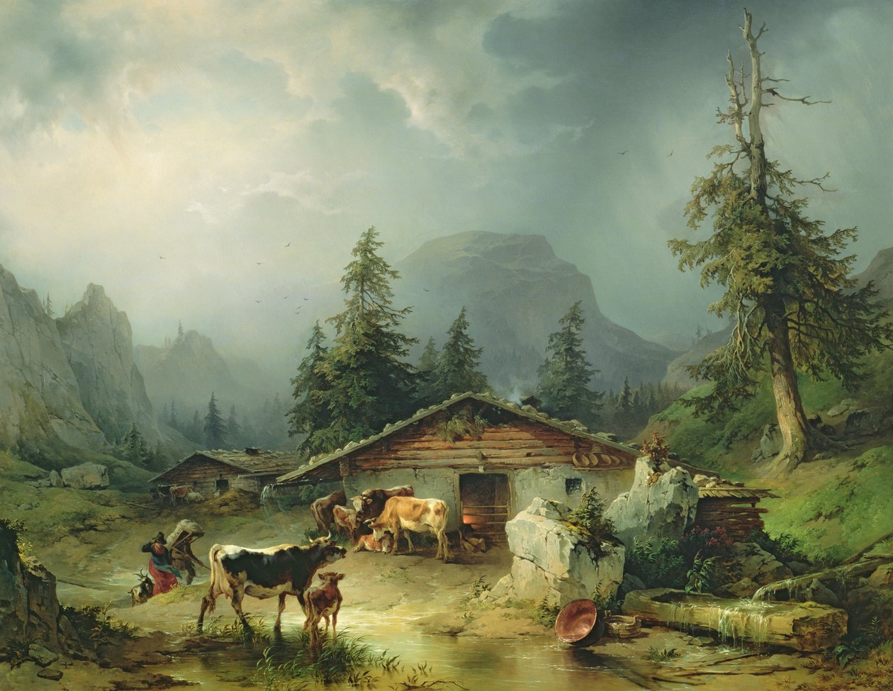 Capanna alpina in tempo piovoso, 1850 da Friedrich Gauermann