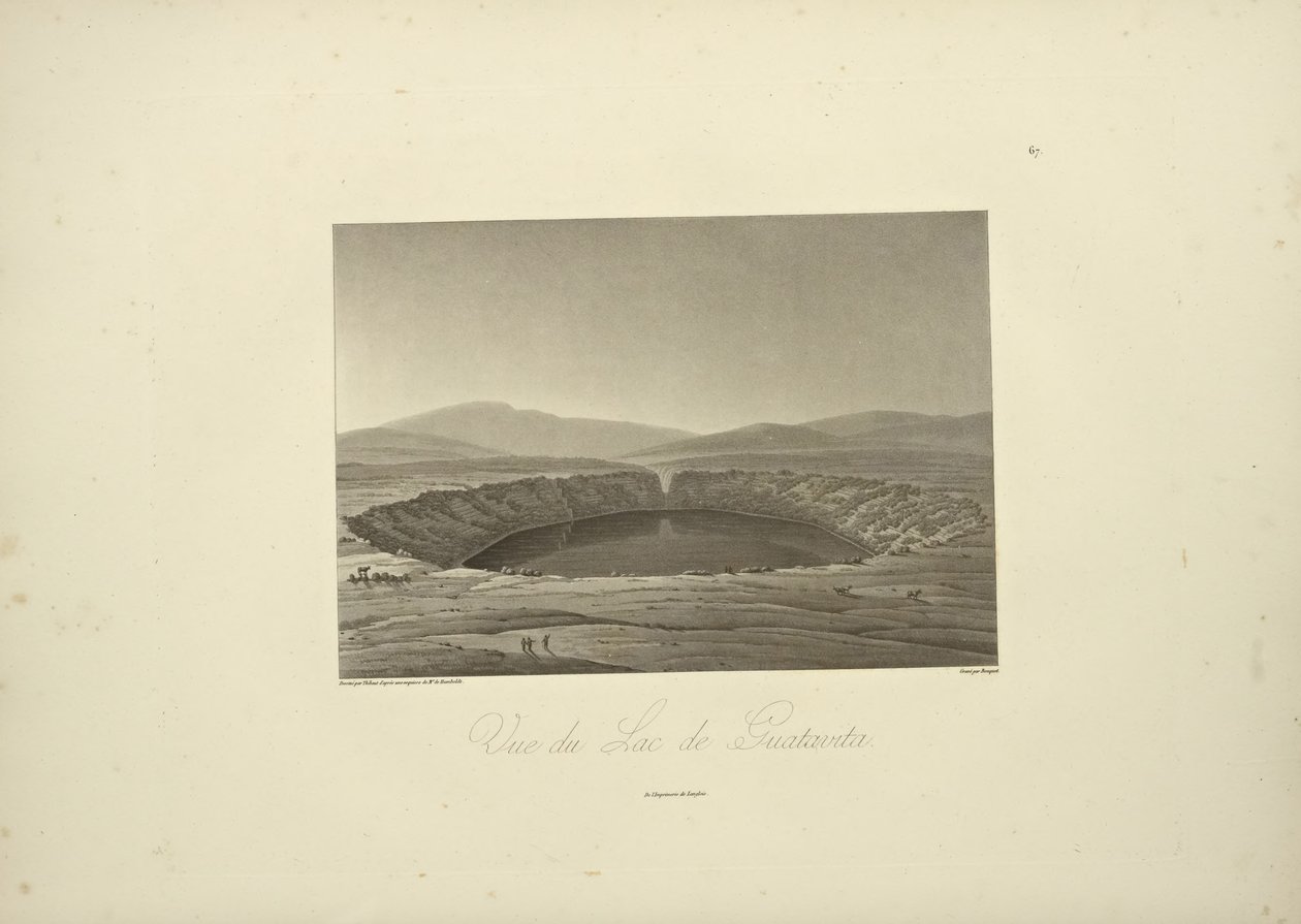 Veduta del Lago di Guatavita, disegnata da Thibaut, incisa da Bouquet, illustrazione da 