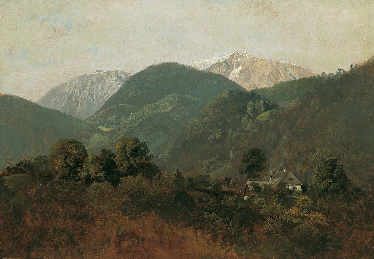 Vista da Scheuchenstein verso Gauermannhof con Schneeberg sullo sfondo da Friedrich August Mathias Gauermann