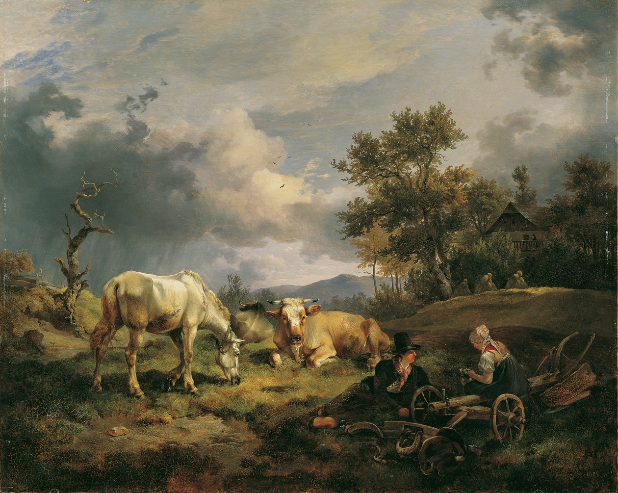 Giovane coppia di contadini che riposa sul campo da Friedrich August Mathias Gauermann