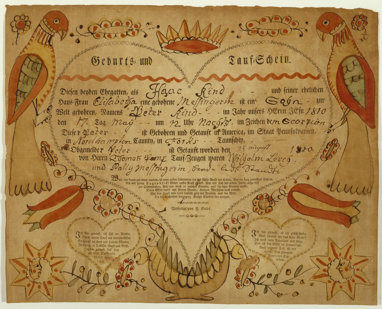 Certificato di nascita e battesimo, c. 1790-1800 da Friedrich Krebs