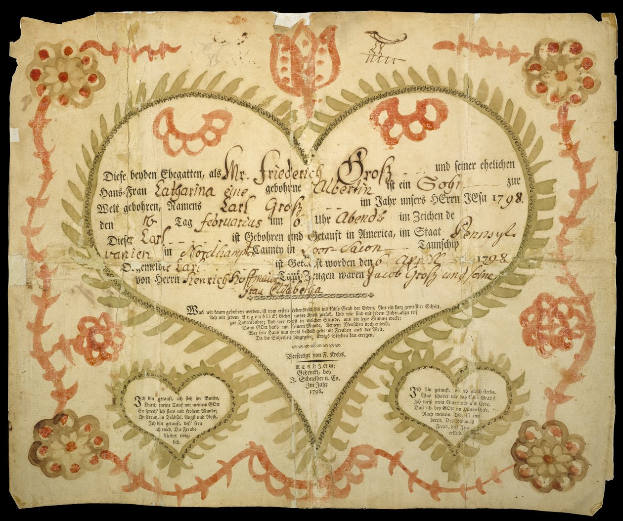 Certificato di nascita e battesimo, c. 1800 da Friedrich Krebs