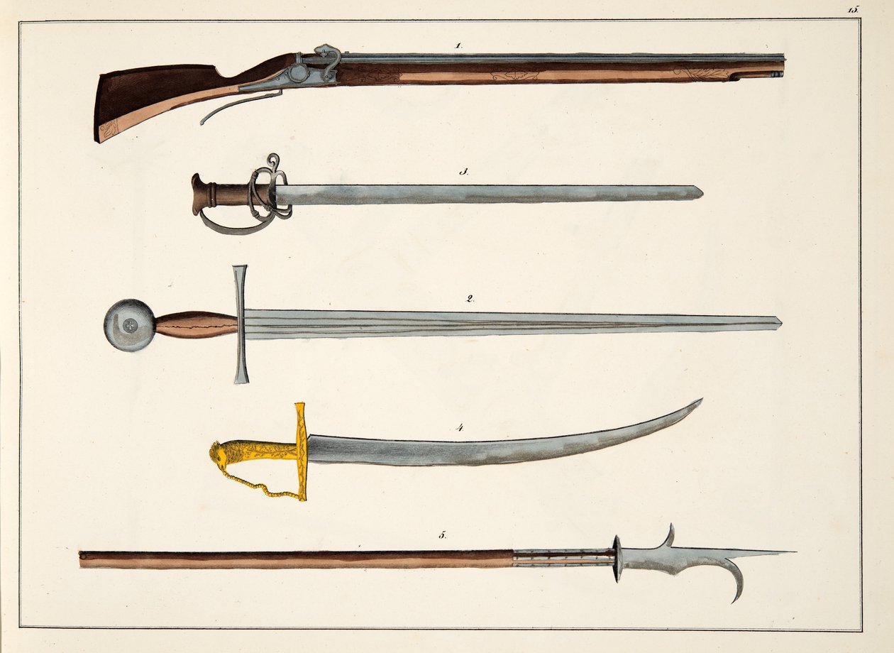 Armi tra cui spade e lance, c.1400, tavola da A History of the Development and Customs of Chivalry, di Dr. Franz Kottenkamp, pubblicato da Carl Hoffmann, 1842 da Friedrich Martin von Reibisch