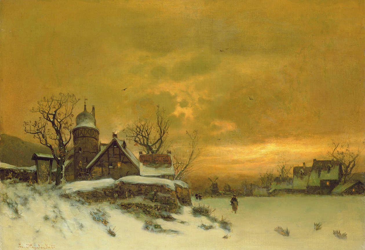 Paesaggio invernale con vista di edifici al tramonto da Friedrich Nicolai Joseph Heydendahl