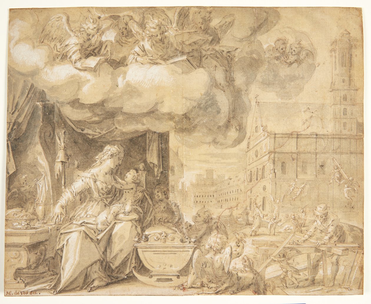La sacra famiglia con angeli cantanti. Sullo sfondo la chiesa di San Michele a Monaco, alla cui torre gli angeli portano materiale da costruzione da Friedrich Sustris