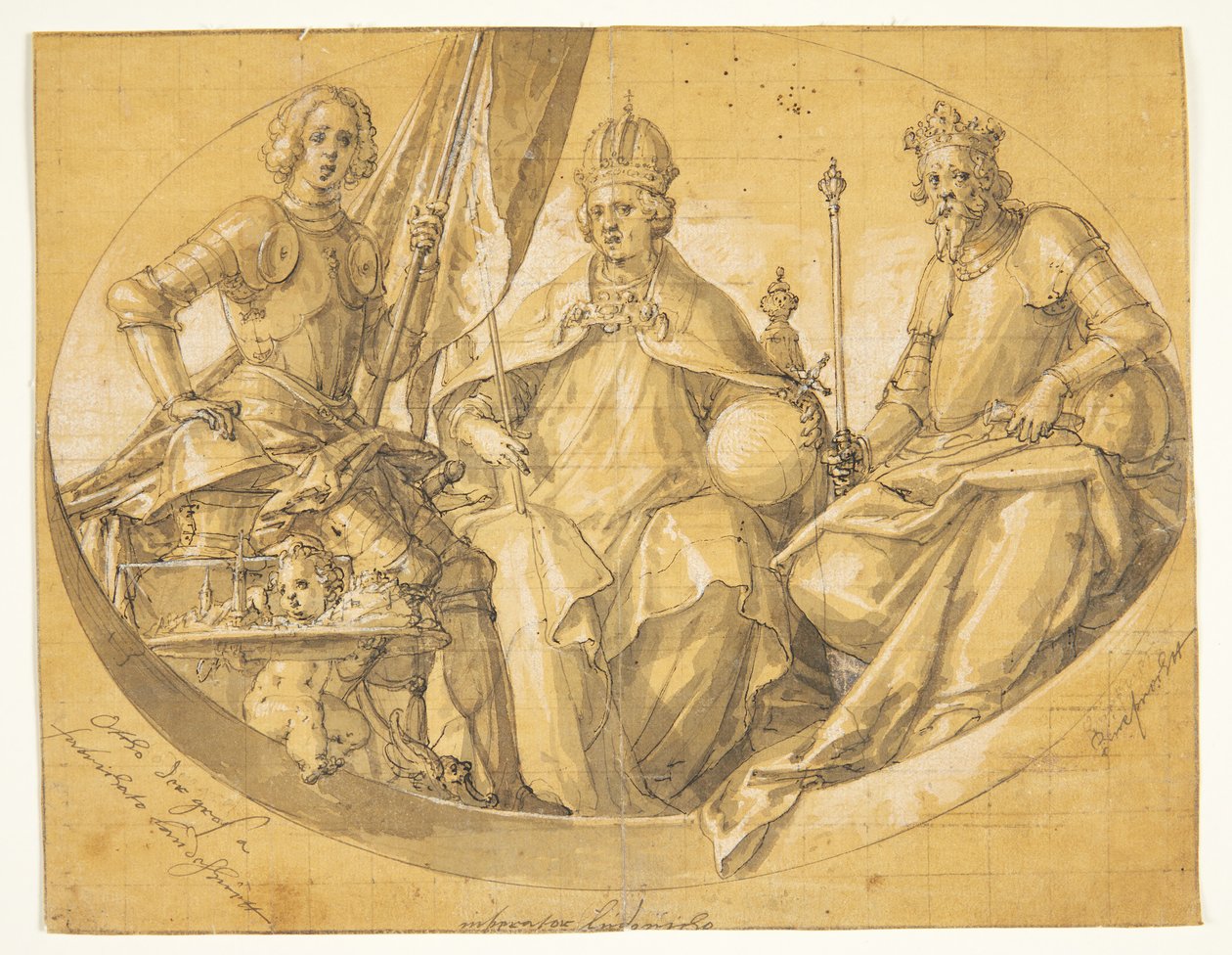 Bozzetto per un dipinto a soffitto ovale(?) raffigurante i re Ottone il Grande (912-973), Ludovico il Ricco (1417-1479) e Ruprecht (1352-1410) da Friedrich Sustris