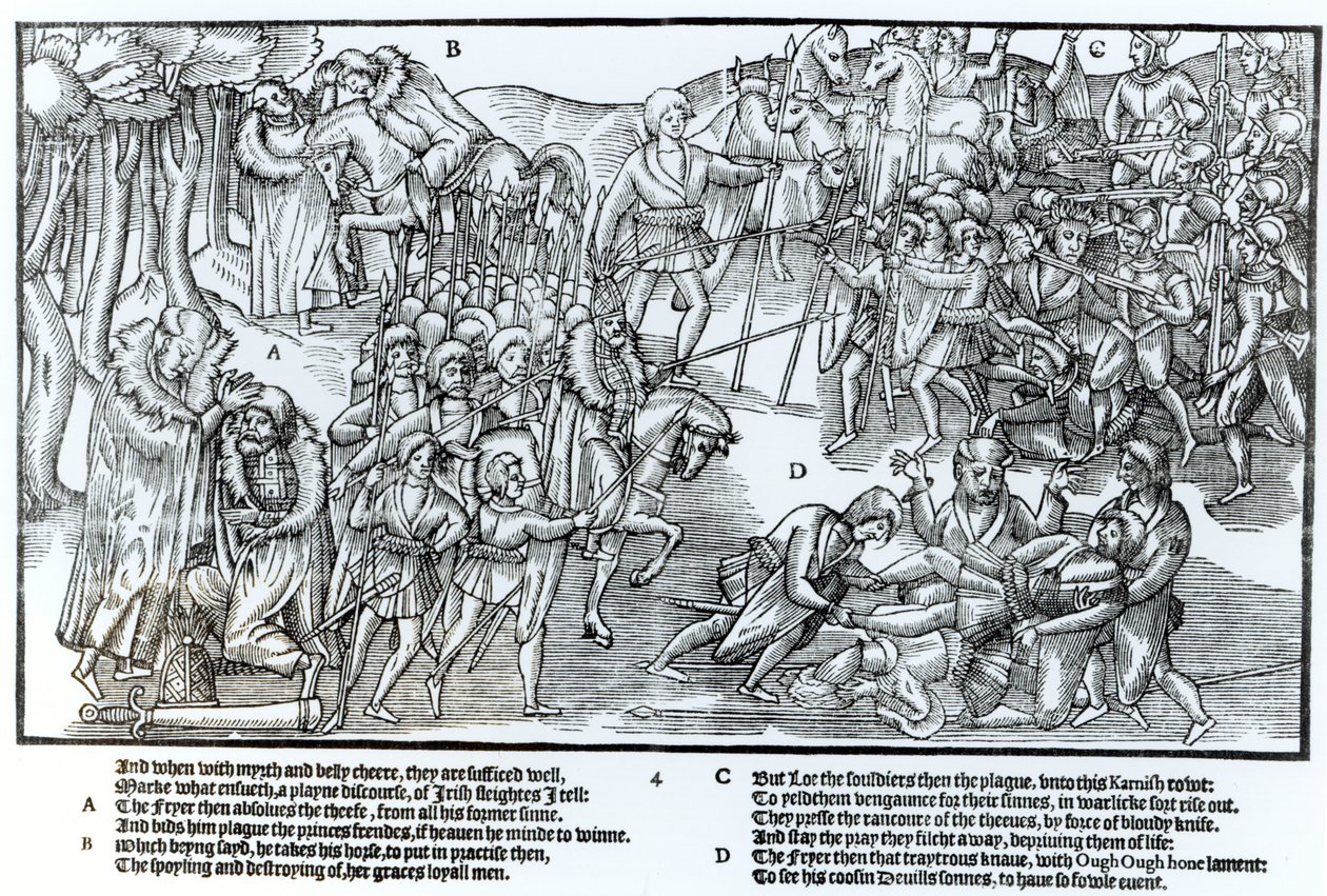 Il capo irlandese riceve la benedizione del prete prima di partire per combattere gli inglesi, che sono mostrati in armatura completa, tavola 4 da 
