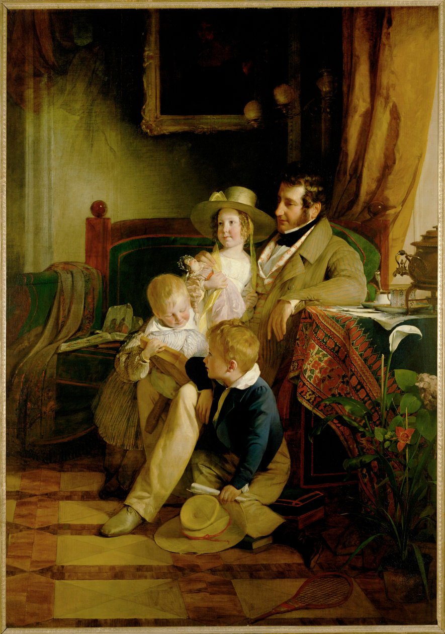 Rudolf von Arthaber e i suoi figli Rudolf Emilie e Gustav, guardando la foto della moglie e madre morta... (dipinto su tela) da Friedrich von Amerling