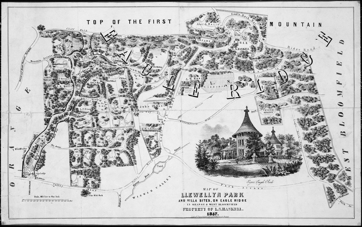 Mappa di Llewellyn Park e siti delle ville su Eagle Ridge a Orange e West Bloomfield, 1857 da Friend and Aub