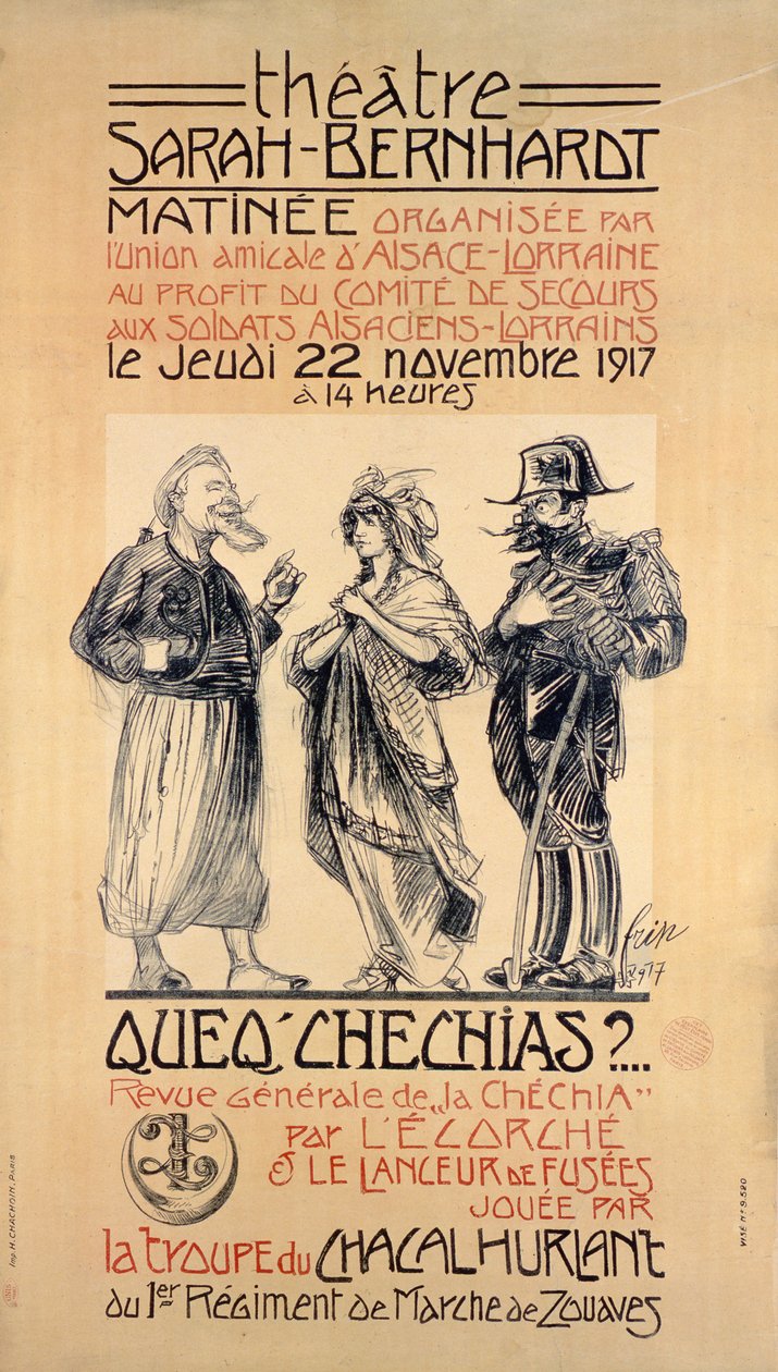 Poster che pubblicizza una matinée di beneficenza al Teatro Sarah Bernhardt, Parigi, per aiutare i soldati dell