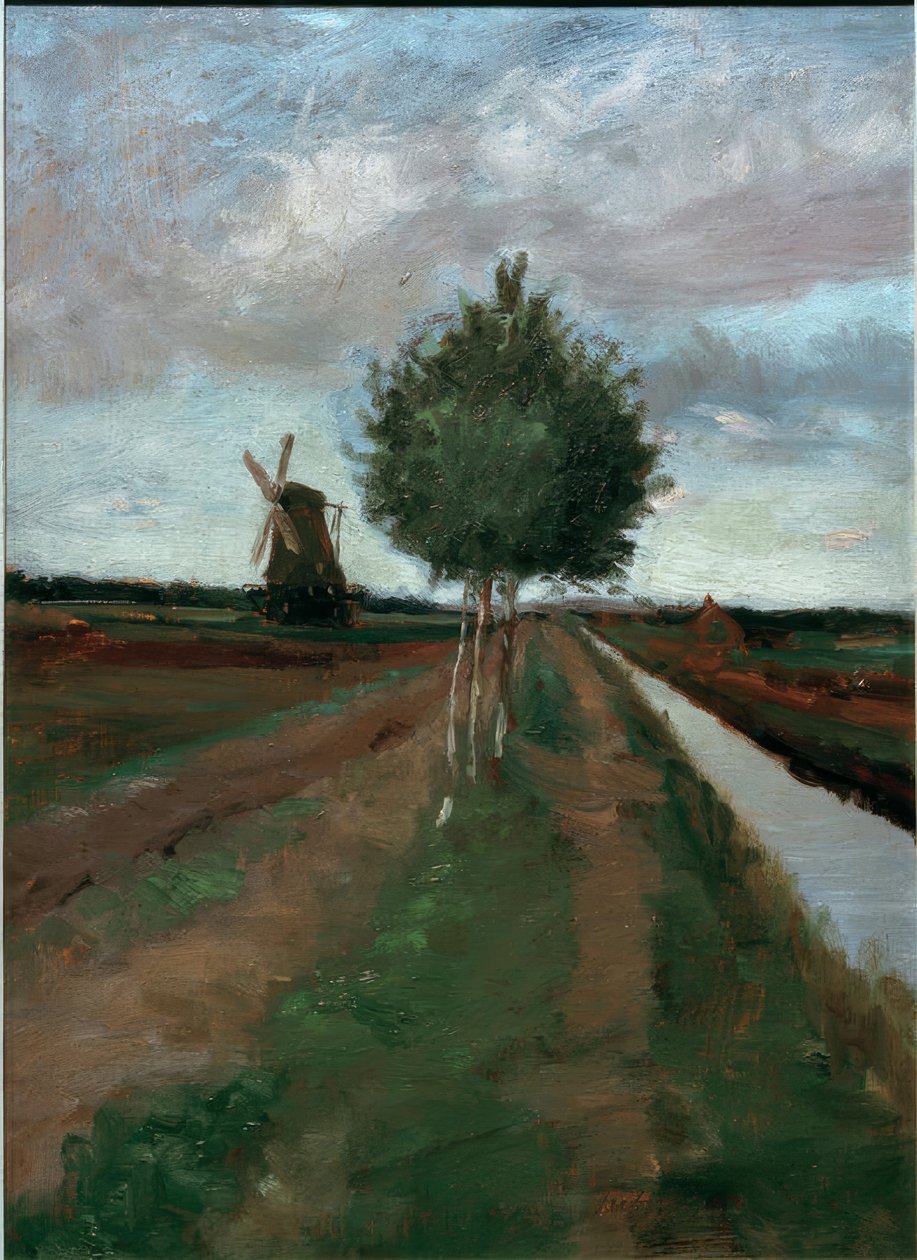 Mulino e strada con betulle da Fritz Mackensen