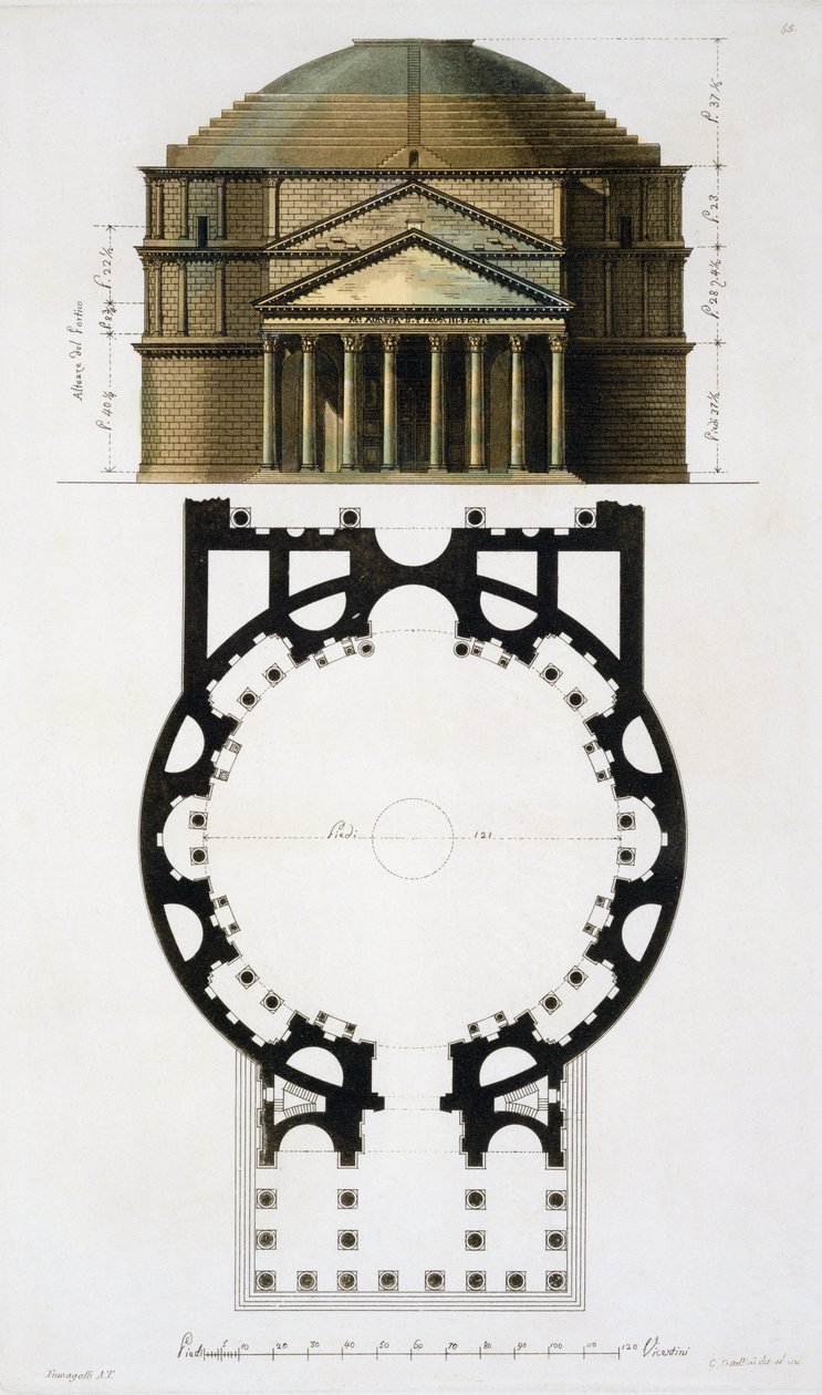Piantina e facciata del Pantheon, Roma, da Le Costume Ancien et Moderne di Jules Ferrario, inciso da G. Castellini, pubblicato c.1820-30 da Fumagalli