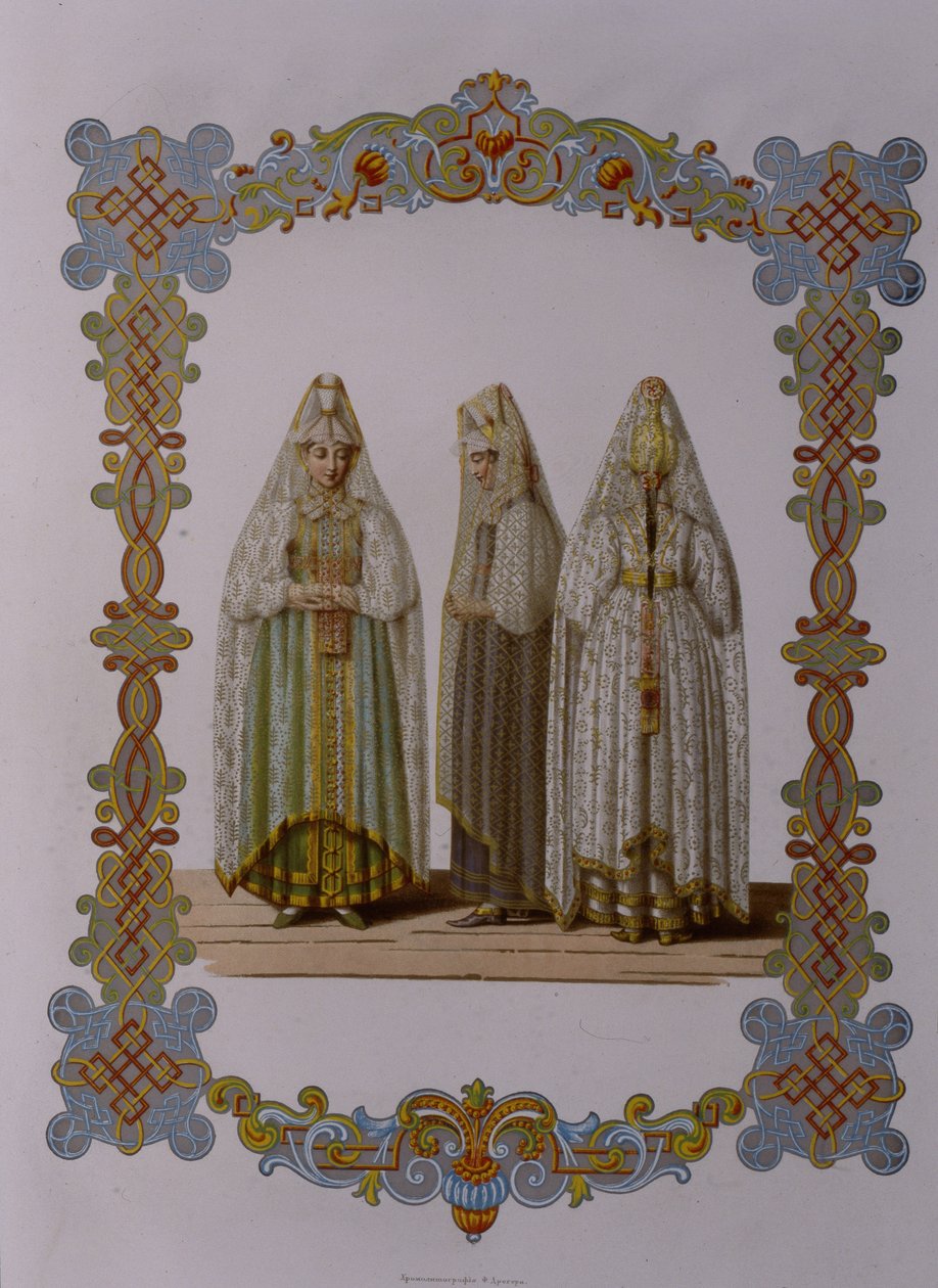 Costumi delle fanciulle di Torzhok dalla serie Abbigliamento dello stato russo, 1851 da Fyodor Grigoryevich Solntsev