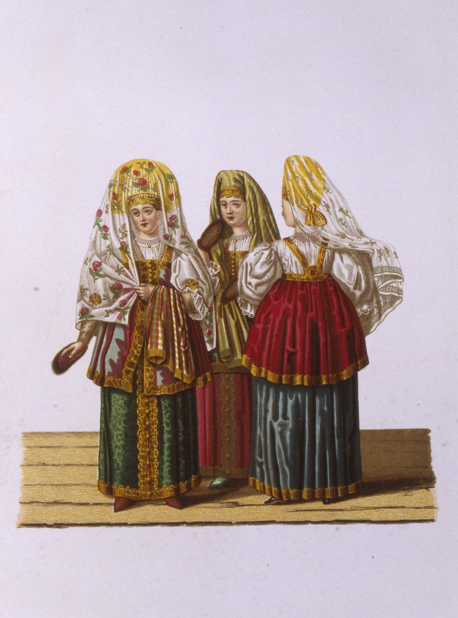 Costumi di donne e fanciulle di Tver dalla serie Abbigliamento dello stato russo da Fyodor Grigoryevich Solntsev