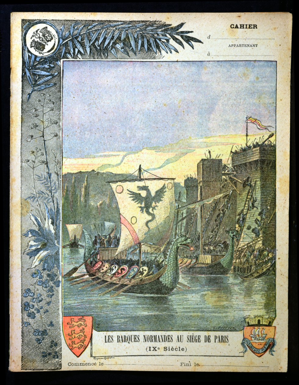 Navi normanne che assediano Parigi, illustrazione da una copertina di un quaderno scolastico, fine XIX secolo da G. Dascher