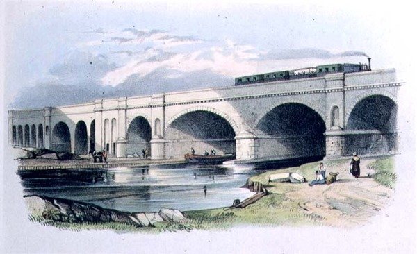 Vista della ferrovia di Greenwich che passa sopra il canale di Surrey vicino a Trundley
