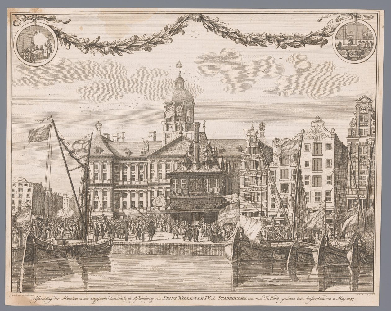 Folla sulla Piazza Dam ad Amsterdam celebra la proclamazione di Guglielmo IV come statolder da G.J. Marstaller