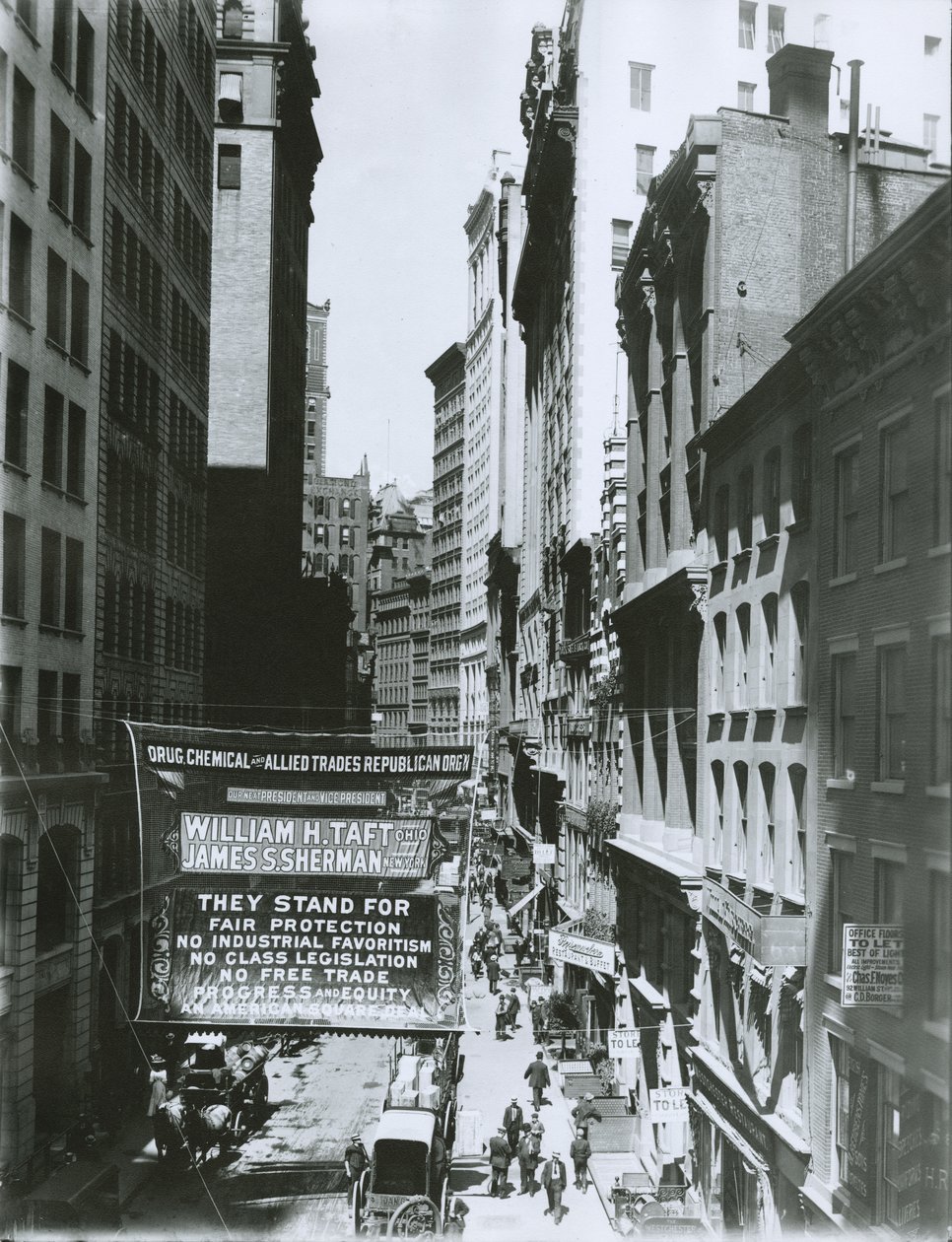 Banner di Taft e Sherman su Maiden Lane, New York City, 1908 da G.P. Hall und Sohn