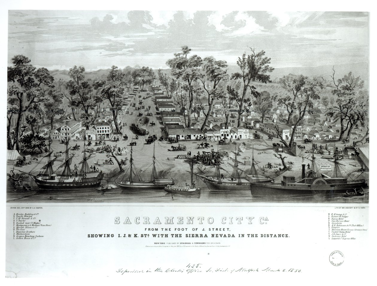 Sacramento City, California, dal piede di J. Street mostrando I. J. e K. Streets con la Sierra Nevada in lontananza, inciso da William Endicott e Co., 1849 da G.V. Cooper
