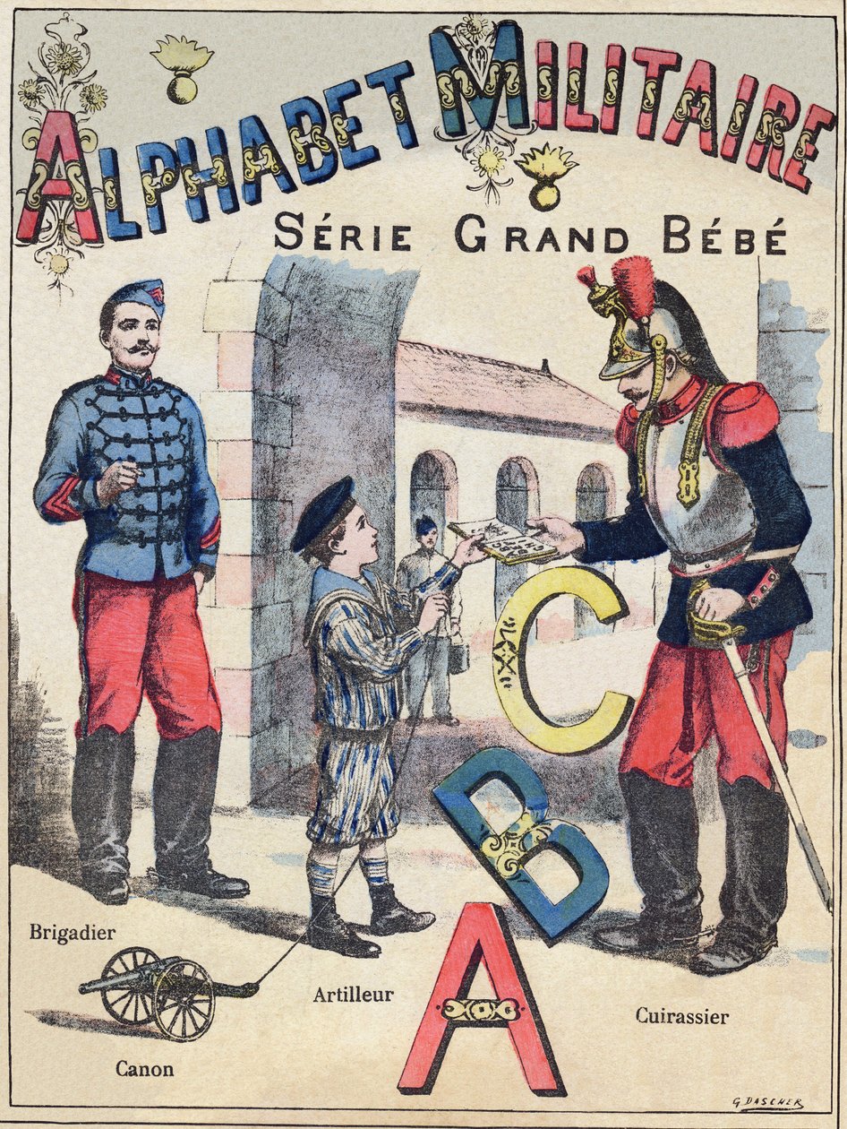 Copertina di "Alfabeto militare", serie Grand-Bebe. Incisione. Immagini di Pont-a-Mousson. Louis Vagne, Stampatore-Editore, circa 1900. Illustrazioni di G. Dascher. 20 pagine. Dim: 31,5x24,5cm da G. Dascher