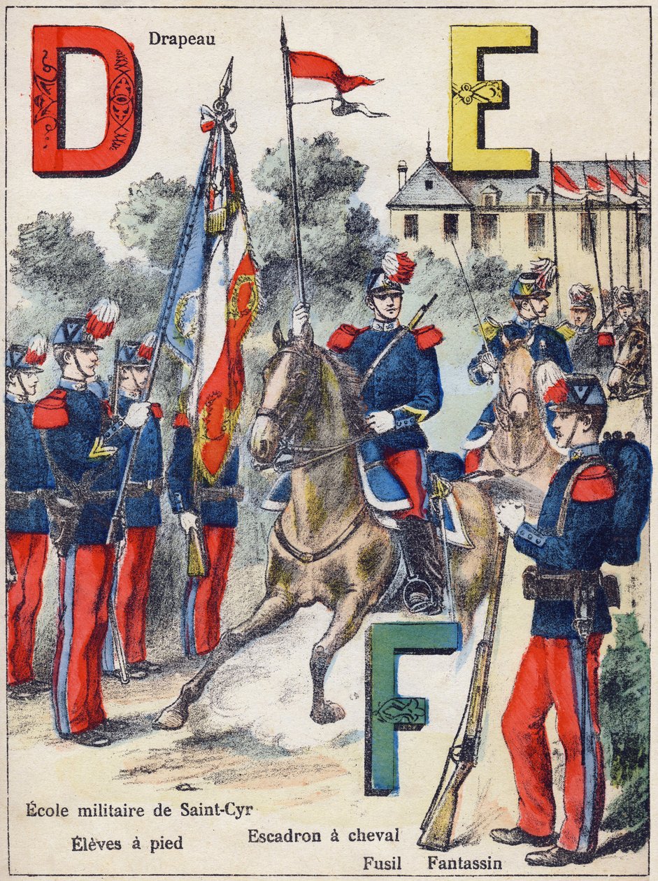 Lettere D E F: Bandiera, Scuola Militare di Saint-Cyr (Saint Cyr), Allievi a piedi, Squadrone a cavallo, Fucile e Fante, c.1900 (litografia) da G. Dascher