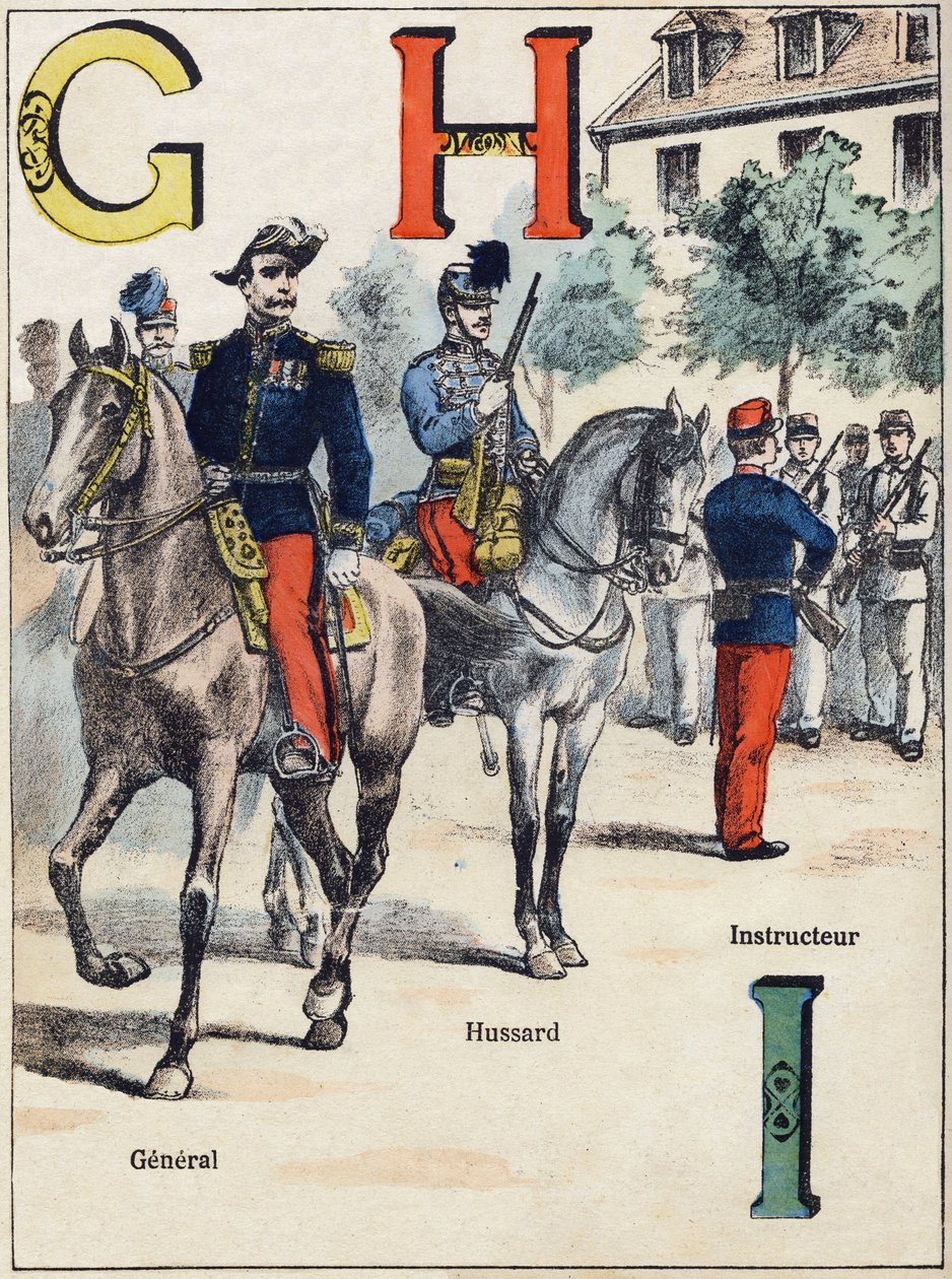 Lettere G H I: Generale, Ussaro e Istruttore. Incisione in "Alphabet militaire", serie Grand-Bebe. Incisione. Imaging di Pont-a-Mousson. Louis Vagne, Stampatore-Editore, circa 1900. Illustrazioni di G. Dascher da G. Dascher