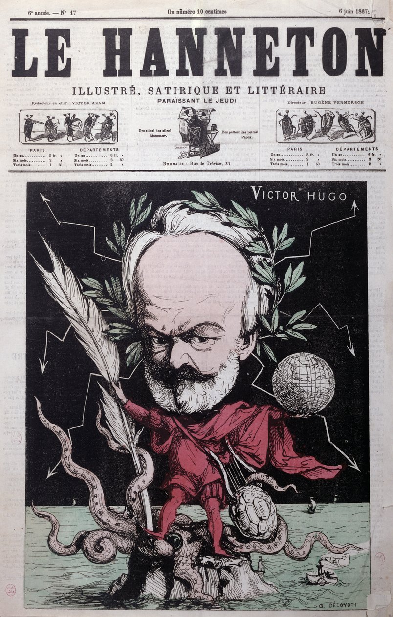 Caricatura di Victor Hugo (1802-85) come Zeus in esilio a Guernsey dalla copertina di Le Hanneton, giugno 1867 da G. Deloyoti