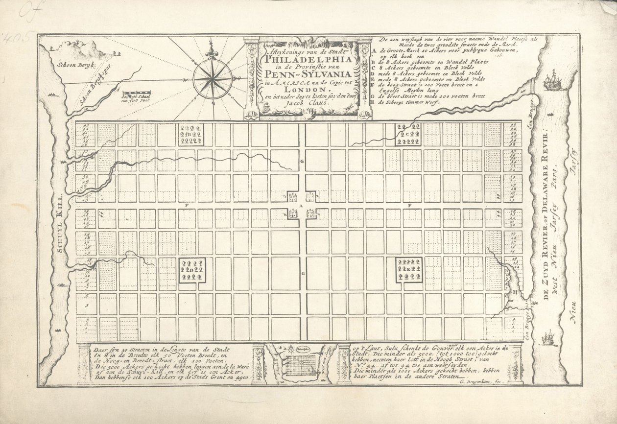 Il primo piano di Filadelfia, ideato da William Penn e Thomas Holme nel 1682, 1684 da G. Drogenham