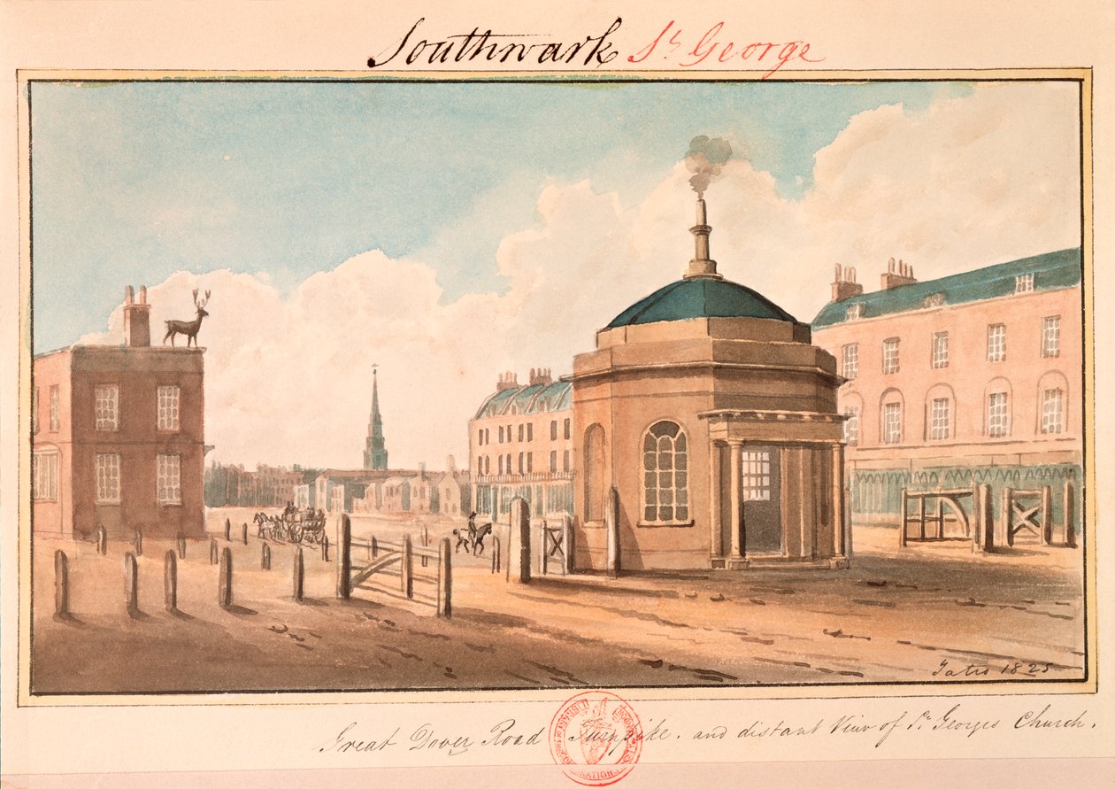 Great Dover Road Turnpike e vista distante della chiesa di St George, Southwark, Londra da G Yates