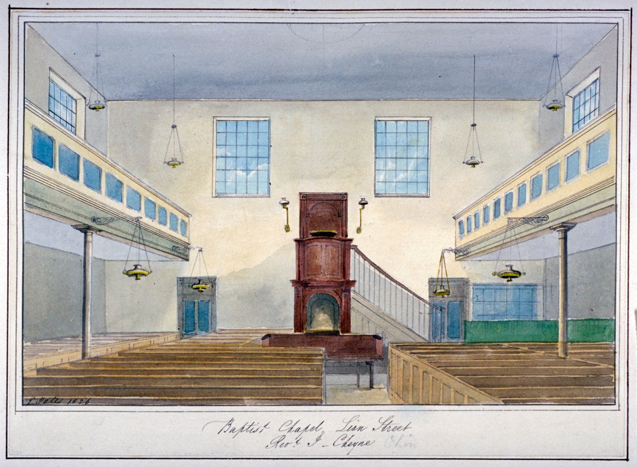 Vista interna della Lion Street Baptist Chapel, vicino a New Kent Road, Southwark, Londra, 1826 da G Yates