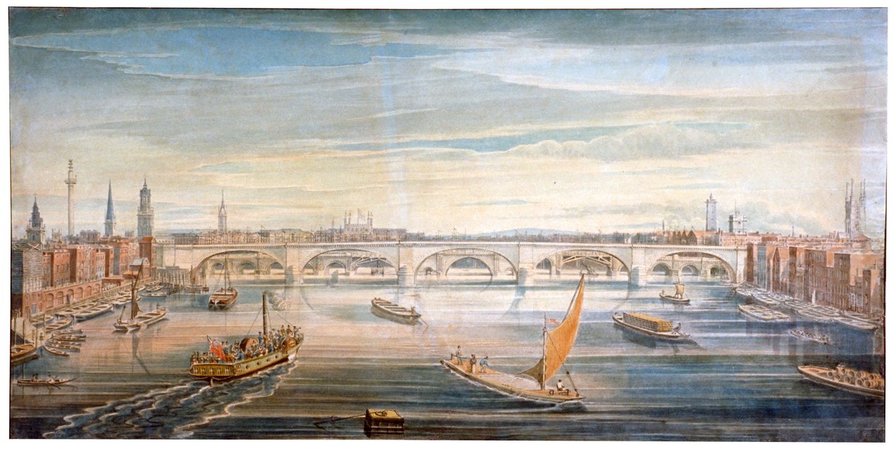 Vista del nuovo ponte di Londra da ovest, con barche e chiatte sul Tamigi, 1831 da G Yates