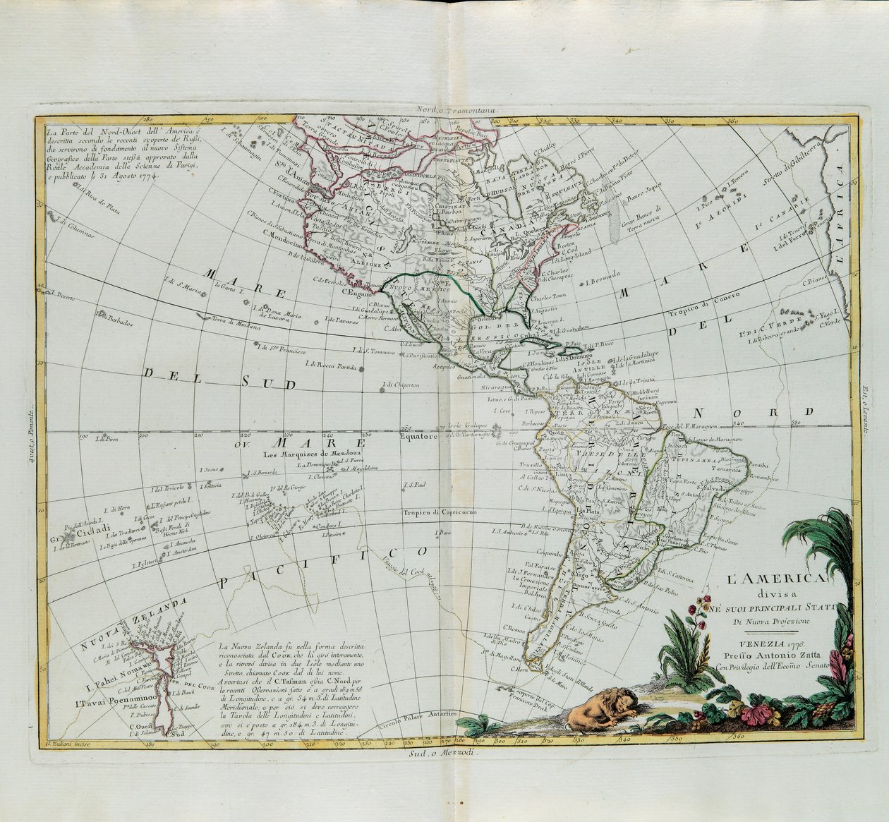 America divisa nei suoi principali stati, incisione di G. Zuliani tratta dal Tomo I del Nuovissimo Atlante pubblicato a Venezia nel 1776 da Antonio Zatta, Collezione Privata da G. Zuliani