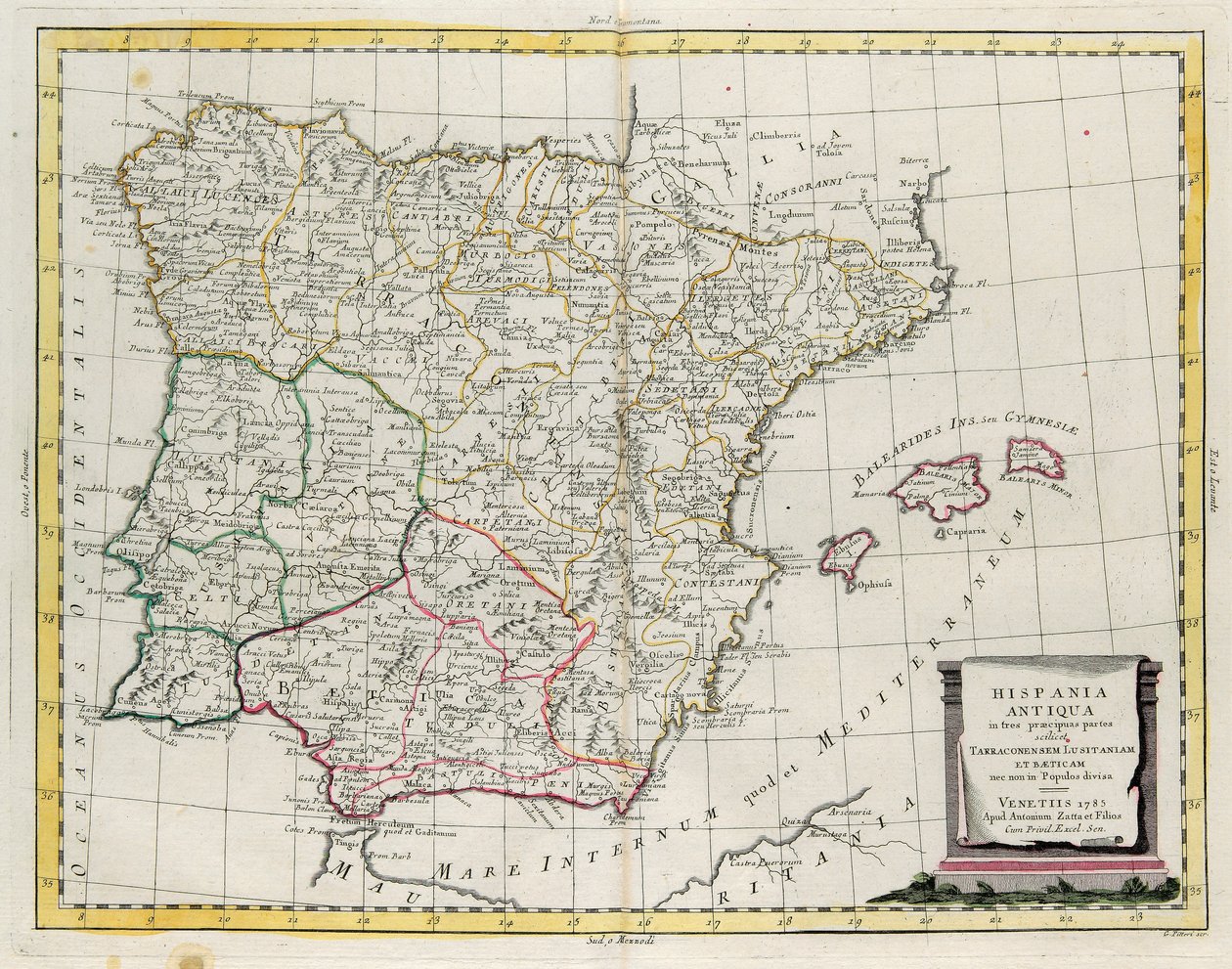 Spagna antica divisa in tre aree distinte, cioè Terraconensis, Lusitania e Baetica e anche divisa in popoli, incisione di G. Zuliani tratta dal Tomo I del "Novissimo Atlante" pubblicato a Venezia nel 1785 da Antonio Zatta, Collezione Privata da G. Zuliani