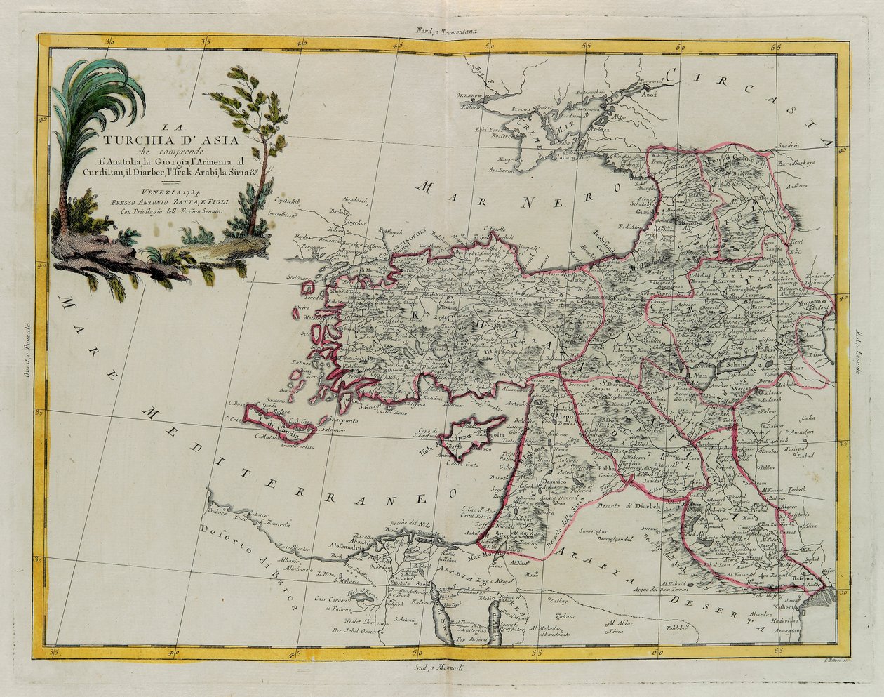 Turchia asiatica, inclusi Anatolia, Georgia, Armenia, Kurdistan, Diarbec, Irak-Arabi, Siria, incisione di G. Zuliani tratta dal Tomo IV del "Nuovissimo Atlante" pubblicato a Venezia nel 1784 da Antonio Zatta, Collezione Privata da G. Zuliani
