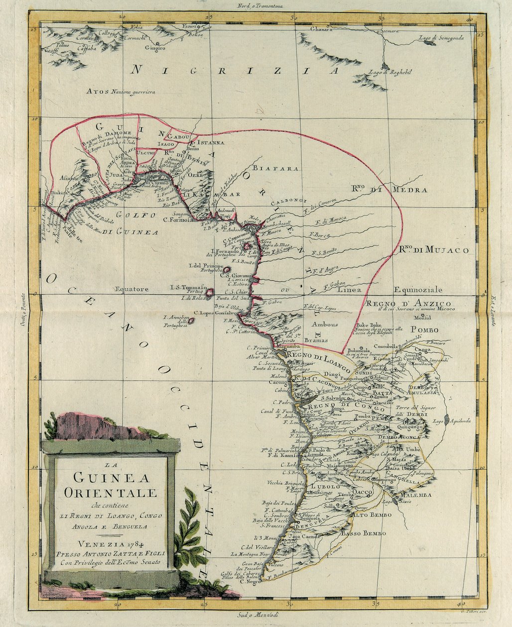 Guinea Orientale contenente i Regni di Loango, Congo, Angola e Benguela, incisione di G. Zuliani tratta dal Tomo IV del "Novissimo Atlante" pubblicato a Venezia nel 1784 da Antonio Zatta, Collezione Privata da G. Zuliani