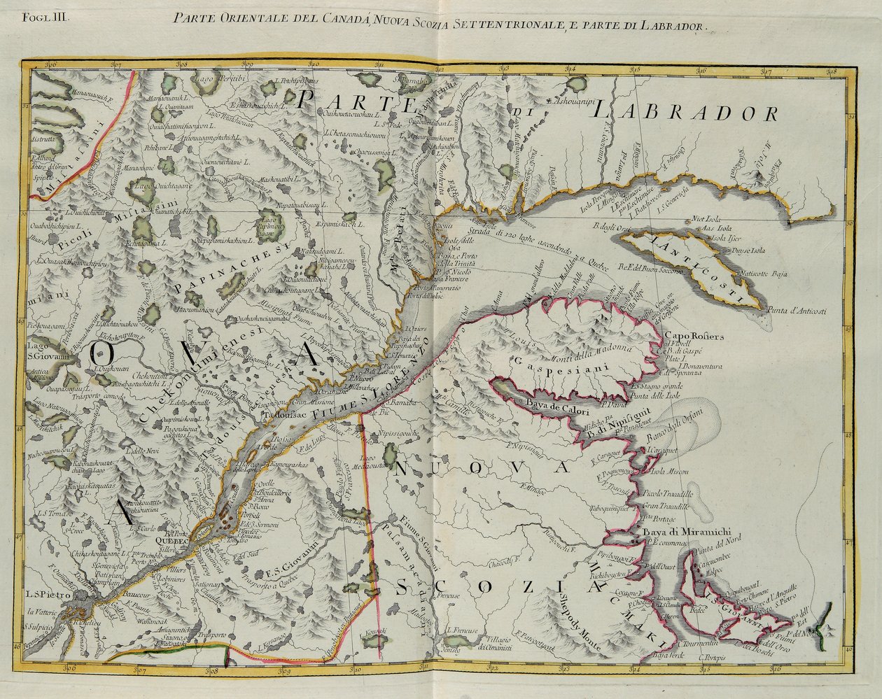 Parte orientale del Canada, nord della Nuova Scozia e parte del Labrador, incisione di G. Zuliani tratta dal Tomo I del "Nuovissimo Atlante" pubblicato a Venezia nel 1778 da Antonio Zatta, Collezione Privata da G. Zuliani
