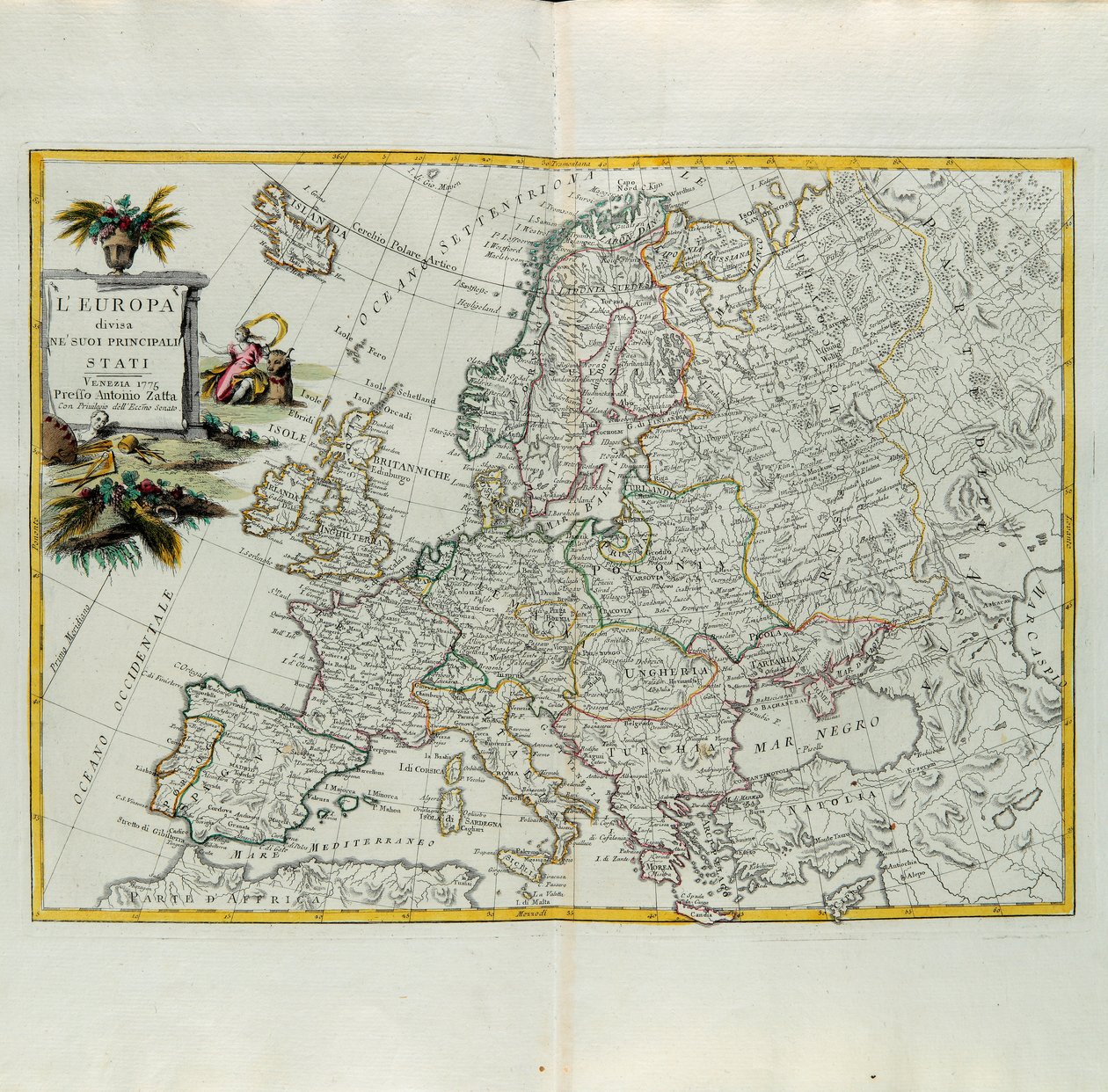 Europa divisa nei suoi principali stati, incisione di G. Zuliani tratta dal Tomo I del Nuovo Atlante pubblicato a Venezia nel 1776 da Antonio Zatta, Collezione Privata da G. Zuliani