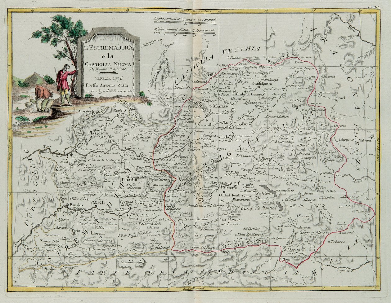 Estremadura e Castilla la Nueva, incisione di G. Zuliani tratta dal Tomo I del Nuovissimo Atlante pubblicato a Venezia nel 1776 da Antonio Zatta, Collezione Privata da G. Zuliani