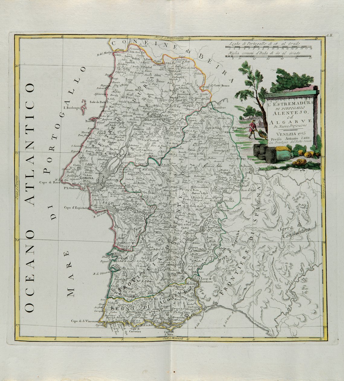 Estremadura del Portogallo Alentejo o Algarve, incisione di G. Zuliani tratta dal Tomo I del Nuovissimo Atlante pubblicato a Venezia nel 1776 da Antonio Zatta, Collezione Privata da G. Zuliani
