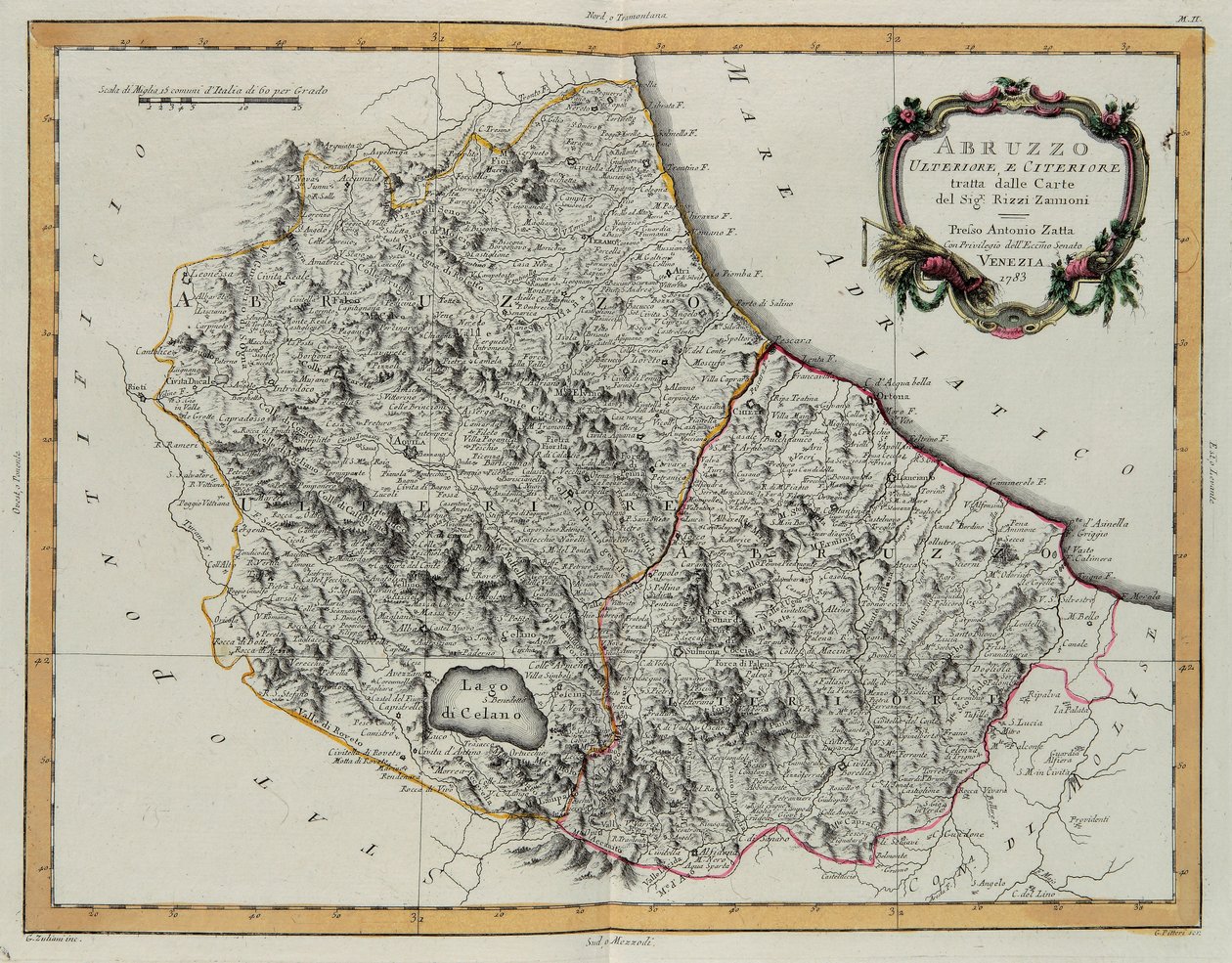 Abruzzo Ulteriore e Citeriore, incisione di G. Zuliani tratta dal Tomo II del "Nuovo Atlante" pubblicato a Venezia nel 1783 da Antonio Zatta, Collezione Privata da G. Zuliani