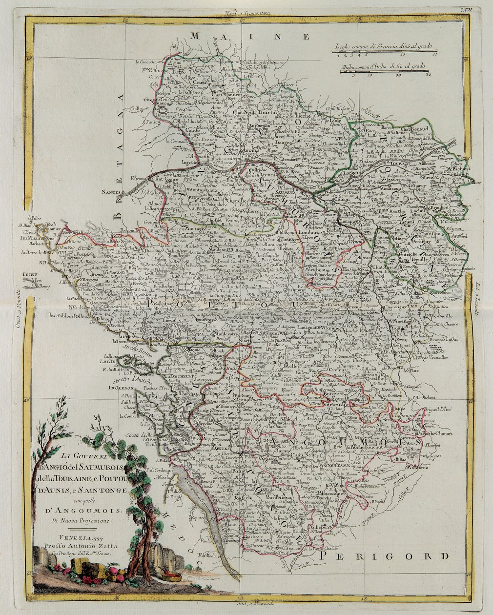 Governanze di Angiò, Saumurois, Turenna e Poitou, Aunis e Saintonge con quella di Angoumois, incisione di G. Zuliani tratta dal Tomo I del Nuovissimo Atlante pubblicato a Venezia nel 1777 da Antonio Zatta da G. Zuliani